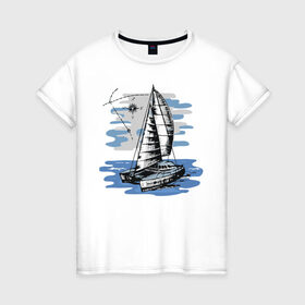 Женская футболка хлопок с принтом Яхта , 100% хлопок | прямой крой, круглый вырез горловины, длина до линии бедер, слегка спущенное плечо | лодка | море | океан | путешествия | яхта