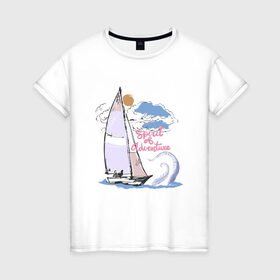 Женская футболка хлопок с принтом Яхта с кракеном , 100% хлопок | прямой крой, круглый вырез горловины, длина до линии бедер, слегка спущенное плечо | кракен | лодка | море | морские жители | океан | путешествия | яхта