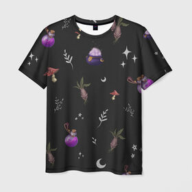 Мужская футболка 3D с принтом Magic pattern , 100% полиэфир | прямой крой, круглый вырез горловины, длина до линии бедер | bottle | mandrake | mushroom | pot | волшебство | зелье | паттерн