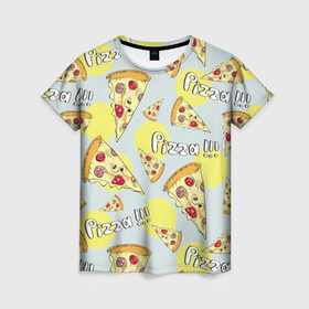 Женская футболка 3D с принтом Узор Куски пиццы , 100% полиэфир ( синтетическое хлопкоподобное полотно) | прямой крой, круглый вырез горловины, длина до линии бедер | еда | желтый | кусок | паттерн | пеперони | пицца | узор | фастфуд