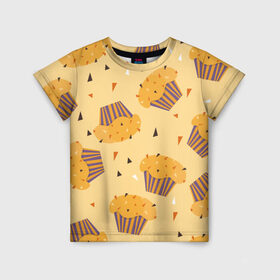 Детская футболка 3D с принтом Капкейки на желтом фоне , 100% гипоаллергенный полиэфир | прямой крой, круглый вырез горловины, длина до линии бедер, чуть спущенное плечо, ткань немного тянется | Тематика изображения на принте: еда | желтый | капкейки | кондитер | оранжевый | паттерн | пирожное | повар | сладости | узор | хеллоуин