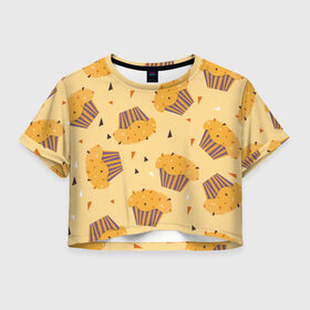 Женская футболка Crop-top 3D с принтом Капкейки на желтом фоне , 100% полиэстер | круглая горловина, длина футболки до линии талии, рукава с отворотами | еда | желтый | капкейки | кондитер | оранжевый | паттерн | пирожное | повар | сладости | узор | хеллоуин