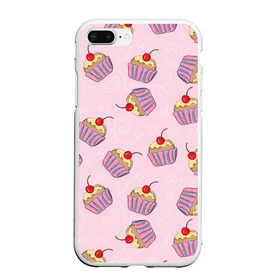 Чехол для iPhone 7Plus/8 Plus матовый с принтом Капкейки на розовом , Силикон | Область печати: задняя сторона чехла, без боковых панелей | вишенка | еда | капкейки | пирожное | розовый | сладкое | сладости