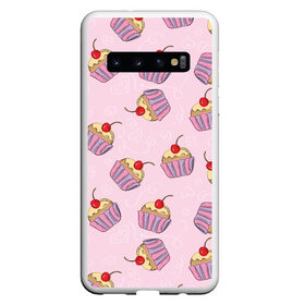 Чехол для Samsung Galaxy S10 с принтом Капкейки на розовом , Силикон | Область печати: задняя сторона чехла, без боковых панелей | Тематика изображения на принте: вишенка | еда | капкейки | пирожное | розовый | сладкое | сладости