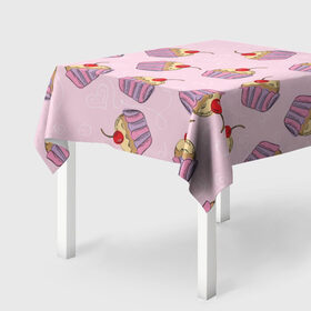 Скатерть 3D с принтом Капкейки на розовом , 100% полиэстер (ткань не мнется и не растягивается) | Размер: 150*150 см | вишенка | еда | капкейки | пирожное | розовый | сладкое | сладости
