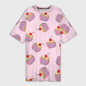 Платье-футболка 3D с принтом Капкейки на розовом ,  |  | вишенка | еда | капкейки | пирожное | розовый | сладкое | сладости