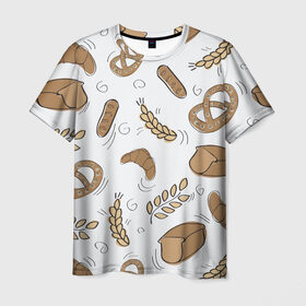Мужская футболка 3D с принтом Узор Пекарня , 100% полиэфир | прямой крой, круглый вырез горловины, длина до линии бедер | Тематика изображения на принте: булки | коричневый | крендель | пекарня | повар | узор | хлеб
