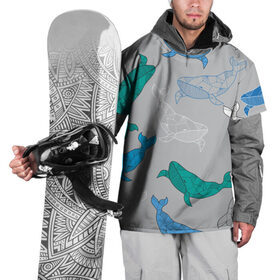 Накидка на куртку 3D с принтом Узор с китами на сером , 100% полиэстер |  | графика | кит | морской | рыба | серый | синий | узор