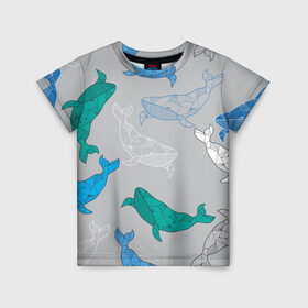 Детская футболка 3D с принтом Узор с китами на сером , 100% гипоаллергенный полиэфир | прямой крой, круглый вырез горловины, длина до линии бедер, чуть спущенное плечо, ткань немного тянется | Тематика изображения на принте: графика | кит | морской | рыба | серый | синий | узор