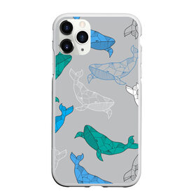 Чехол для iPhone 11 Pro матовый с принтом Узор с китами на сером , Силикон |  | Тематика изображения на принте: графика | кит | морской | рыба | серый | синий | узор
