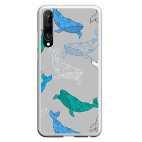 Чехол для Honor P30 с принтом Узор с китами на сером , Силикон | Область печати: задняя сторона чехла, без боковых панелей | графика | кит | морской | рыба | серый | синий | узор