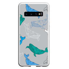 Чехол для Samsung Galaxy S10 с принтом Узор с китами на сером , Силикон | Область печати: задняя сторона чехла, без боковых панелей | Тематика изображения на принте: графика | кит | морской | рыба | серый | синий | узор