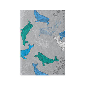 Обложка для паспорта матовая кожа с принтом Узор с китами на сером , натуральная матовая кожа | размер 19,3 х 13,7 см; прозрачные пластиковые крепления | Тематика изображения на принте: графика | кит | морской | рыба | серый | синий | узор