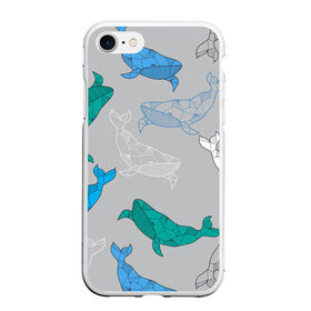 Чехол для iPhone 7/8 матовый с принтом Узор с китами на сером , Силикон | Область печати: задняя сторона чехла, без боковых панелей | графика | кит | морской | рыба | серый | синий | узор