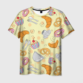 Мужская футболка 3D с принтом Кондитерский узор , 100% полиэфир | прямой крой, круглый вырез горловины, длина до линии бедер | выпечка | готовить | готовка | еда | желтый | кондитер | крендель | круассан | паттерн | сладости | узор