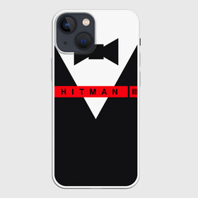 Чехол для iPhone 13 mini с принтом Hitman III ,  |  | Тематика изображения на принте: hitman | hitman 3 | hitman iii | бабочка | костюм | красный | надпись | хитман | хитман 3