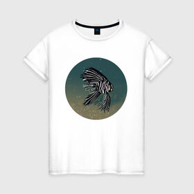 Женская футболка хлопок с принтом Рыбка , 100% хлопок | прямой крой, круглый вырез горловины, длина до линии бедер, слегка спущенное плечо | белый | море | песок | плавники | полосатый | пузырьки | рыба | рыбка | черный