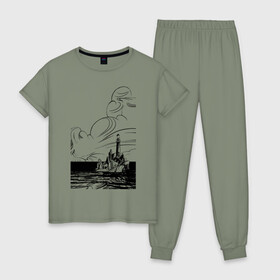 Женская пижама хлопок с принтом Муми-тролль , 100% хлопок | брюки и футболка прямого кроя, без карманов, на брюках мягкая резинка на поясе и по низу штанин | Тематика изображения на принте: маяк | море | муми тролль | скалы