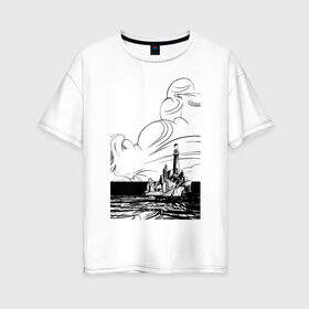 Женская футболка хлопок Oversize с принтом Муми-тролль , 100% хлопок | свободный крой, круглый ворот, спущенный рукав, длина до линии бедер
 | маяк | море | муми тролль | скалы