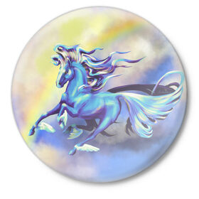 Значок с принтом Ветер в облаках ,  металл | круглая форма, металлическая застежка в виде булавки | flying | horse | rainbow | крылья | лошадь | облака | полет