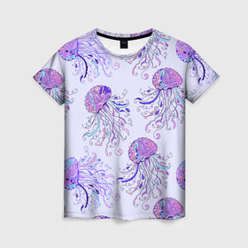 Женская футболка 3D с принтом Узор Медуза , 100% полиэфир ( синтетическое хлопкоподобное полотно) | прямой крой, круглый вырез горловины, длина до линии бедер | завитушки | медуза | море | морской | паттерн | розовый | узор | фиолетовый