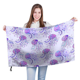 Флаг 3D с принтом Узор Медуза , 100% полиэстер | плотность ткани — 95 г/м2, размер — 67 х 109 см. Принт наносится с одной стороны | завитушки | медуза | море | морской | паттерн | розовый | узор | фиолетовый