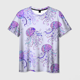 Мужская футболка 3D с принтом Узор Медуза , 100% полиэфир | прямой крой, круглый вырез горловины, длина до линии бедер | Тематика изображения на принте: завитушки | медуза | море | морской | паттерн | розовый | узор | фиолетовый