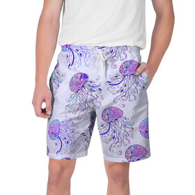 Мужские шорты 3D с принтом Узор Медуза ,  полиэстер 100% | прямой крой, два кармана без застежек по бокам. Мягкая трикотажная резинка на поясе, внутри которой широкие завязки. Длина чуть выше колен | завитушки | медуза | море | морской | паттерн | розовый | узор | фиолетовый