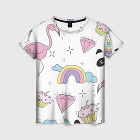 Женская футболка 3D с принтом Кавайный розовый узор , 100% полиэфир ( синтетическое хлопкоподобное полотно) | прямой крой, круглый вырез горловины, длина до линии бедер | бриллиант | детский | кавайный | капкейк | панда | паттерн | радуга | розовый | узор | фламинго