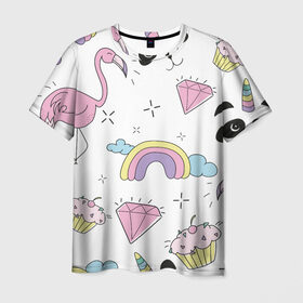 Мужская футболка 3D с принтом Кавайный розовый узор , 100% полиэфир | прямой крой, круглый вырез горловины, длина до линии бедер | Тематика изображения на принте: бриллиант | детский | кавайный | капкейк | панда | паттерн | радуга | розовый | узор | фламинго
