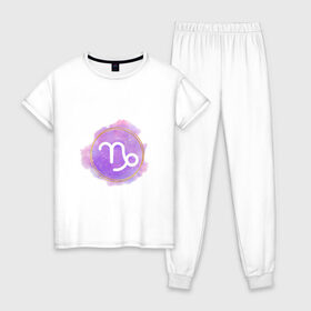 Женская пижама хлопок с принтом Козерог - космос , 100% хлопок | брюки и футболка прямого кроя, без карманов, на брюках мягкая резинка на поясе и по низу штанин | восточный | знак | знак зодиака | зодиак | козерог | космос | небо | подарок | фиолетовый