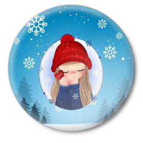 Значок с принтом Girl winter ,  металл | круглая форма, металлическая застежка в виде булавки | new year | арт | графика | дед мороз | зима | новый год | рождество | санта
