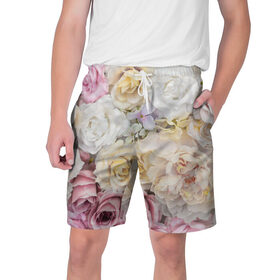 Мужские шорты 3D с принтом Нежные Цветы ,  полиэстер 100% | прямой крой, два кармана без застежек по бокам. Мягкая трикотажная резинка на поясе, внутри которой широкие завязки. Длина чуть выше колен | белый | розовый | розы | сирень | цветок