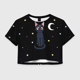 Женская футболка Crop-top 3D с принтом Луна , 100% полиэстер | круглая горловина, длина футболки до линии талии, рукава с отворотами | sailor moon. кот луна | кот | кошка | луна | сейлор мун | сейлормун