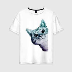Женская футболка хлопок Oversize с принтом Любопытный кот , 100% хлопок | свободный крой, круглый ворот, спущенный рукав, длина до линии бедер
 | cat | домашние животные | животные | звери | кат | кот | котенок | коты | кошка