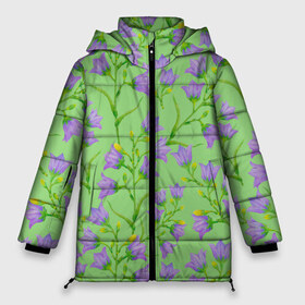 Женская зимняя куртка 3D с принтом Колокольчики на зеленом фоне , верх — 100% полиэстер; подкладка — 100% полиэстер; утеплитель — 100% полиэстер | длина ниже бедра, силуэт Оверсайз. Есть воротник-стойка, отстегивающийся капюшон и ветрозащитная планка. 

Боковые карманы с листочкой на кнопках и внутренний карман на молнии | 8 марта | flowers | summer | зеленый | колокольчики | лето | праздник | природа | растения | фиолетовый | цветы
