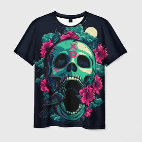 Мужская футболка 3D с принтом Череп с Цветами , 100% полиэфир | прямой крой, круглый вырез горловины, длина до линии бедер | skulls | xo | букет | градиент | животные | луна | мозги | полосы | природа | птицы | розы | скелет | текстура | узор | хо | цветы | черепа | черный | яркий