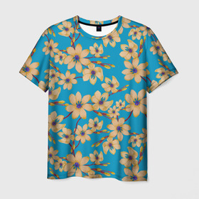 Мужская футболка 3D с принтом Иксии на голубом фоне , 100% полиэфир | прямой крой, круглый вырез горловины, длина до линии бедер | 8 марта | flowers | summer | весна | желтый | иксии | лето | праздник | природа | растения | цветы