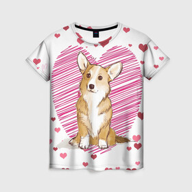 Женская футболка 3D с принтом Корги , 100% полиэфир ( синтетическое хлопкоподобное полотно) | прямой крой, круглый вырез горловины, длина до линии бедер | dog | для девушек | дог | животные | корги | пес | розовый | сердечки | собака