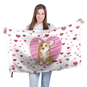 Флаг 3D с принтом Корги , 100% полиэстер | плотность ткани — 95 г/м2, размер — 67 х 109 см. Принт наносится с одной стороны | dog | для девушек | дог | животные | корги | пес | розовый | сердечки | собака