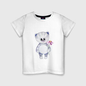 Детская футболка хлопок с принтом Держи цвяточек , 100% хлопок | круглый вырез горловины, полуприлегающий силуэт, длина до линии бедер | Тематика изображения на принте: животные | кот | милота | милые иллюстрации | парные футболки | цветочек | цветы