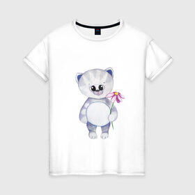 Женская футболка хлопок с принтом Держи цвяточек , 100% хлопок | прямой крой, круглый вырез горловины, длина до линии бедер, слегка спущенное плечо | животные | кот | милота | милые иллюстрации | парные футболки | цветочек | цветы