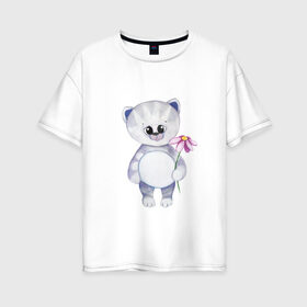Женская футболка хлопок Oversize с принтом Держи цвяточек , 100% хлопок | свободный крой, круглый ворот, спущенный рукав, длина до линии бедер
 | животные | кот | милота | милые иллюстрации | парные футболки | цветочек | цветы