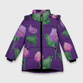 Зимняя куртка для девочек 3D с принтом Антуриумы на фиолетовом фоне , ткань верха — 100% полиэстер; подклад — 100% полиэстер, утеплитель — 100% полиэстер. | длина ниже бедра, удлиненная спинка, воротник стойка и отстегивающийся капюшон. Есть боковые карманы с листочкой на кнопках, утяжки по низу изделия и внутренний карман на молнии. 

Предусмотрены светоотражающий принт на спинке, радужный светоотражающий элемент на пуллере молнии и на резинке для утяжки. | 8 марта | flowers | summer | антуриумы | весна | зеленый | лето | листья | праздник | природа | растения | фиолетовый | цветы