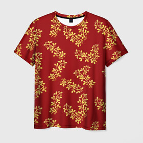 Мужская футболка 3D с принтом Золотые веточки на красном , 100% полиэфир | прямой крой, круглый вырез горловины, длина до линии бедер | 8 марта | flowers | summer | весна | веточки | золотой | лето | праздник | природа | растения | узор