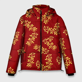 Мужская зимняя куртка 3D с принтом Золотые веточки на красном , верх — 100% полиэстер; подкладка — 100% полиэстер; утеплитель — 100% полиэстер | длина ниже бедра, свободный силуэт Оверсайз. Есть воротник-стойка, отстегивающийся капюшон и ветрозащитная планка. 

Боковые карманы с листочкой на кнопках и внутренний карман на молнии. | Тематика изображения на принте: 8 марта | flowers | summer | весна | веточки | золотой | лето | праздник | природа | растения | узор