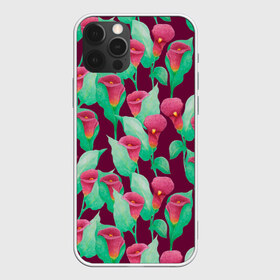 Чехол для iPhone 12 Pro Max с принтом Каллы на вишневом фоне , Силикон |  | 8 марта | flowers | summer | весна | вишневый | зеленый | каллы | красный | лето | праздник | природа | растения | цветы