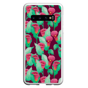 Чехол для Samsung Galaxy S10 с принтом Каллы на вишневом фоне , Силикон | Область печати: задняя сторона чехла, без боковых панелей | 8 марта | flowers | summer | весна | вишневый | зеленый | каллы | красный | лето | праздник | природа | растения | цветы