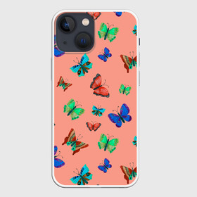 Чехол для iPhone 13 mini с принтом Бабочки на персиковом фоне ,  |  | 8 марта | butterflies | summer | бабочки | весна | зеленый | красный | лето | насекомые | праздник | природа | синий