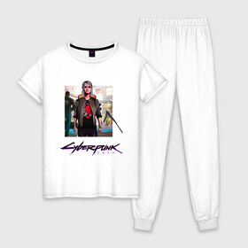Женская пижама хлопок с принтом Cyberpunk 2077 Цирилла , 100% хлопок | брюки и футболка прямого кроя, без карманов, на брюках мягкая резинка на поясе и по низу штанин | car. | cyborg | girl | weapon | девушка | киборг | машина | оружие